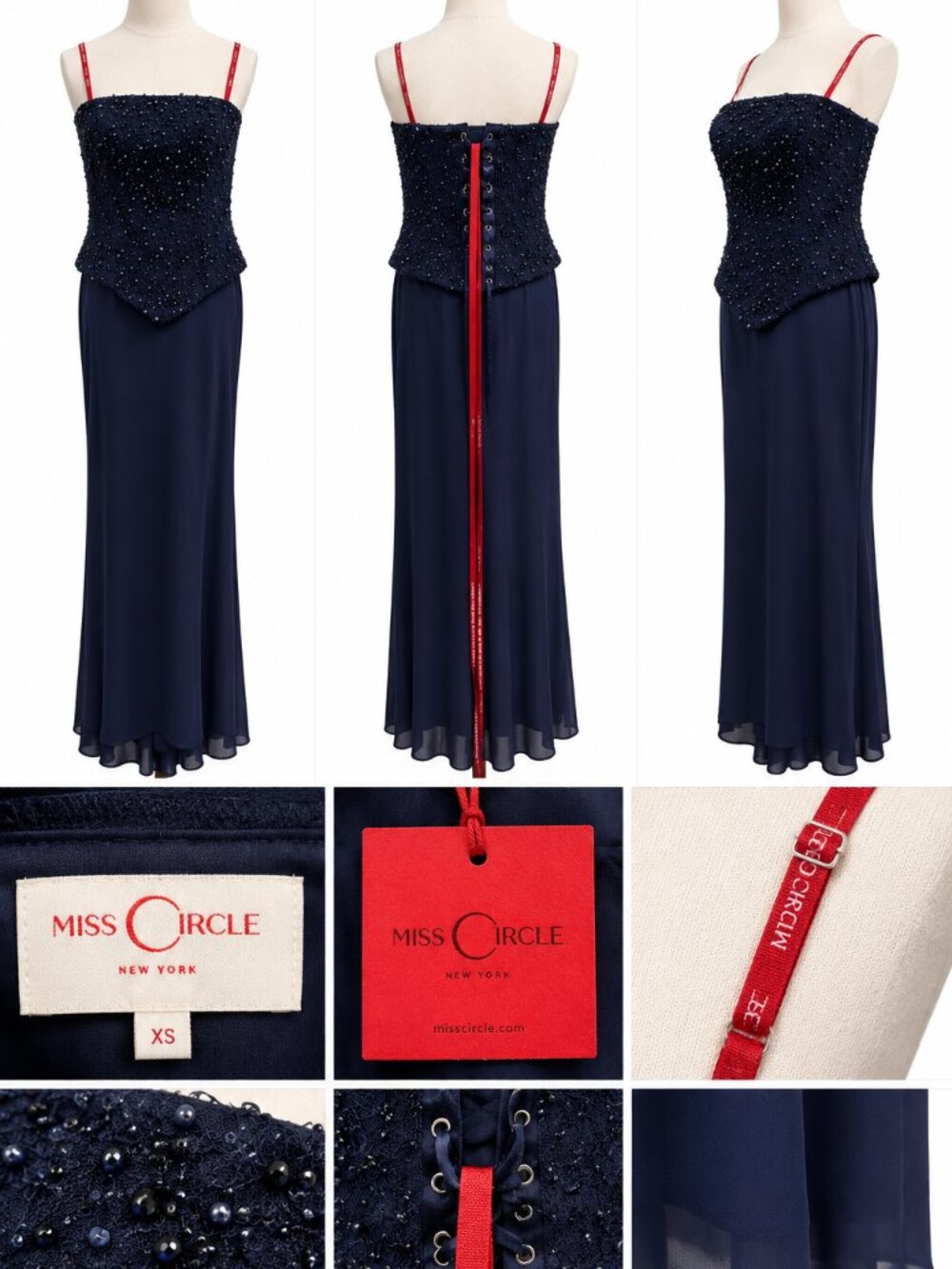 MISS CIRCLE ORABELLE NAVY BEADED PEPLUM MERMAID MAXI GOWN – SIZE XS – NWT